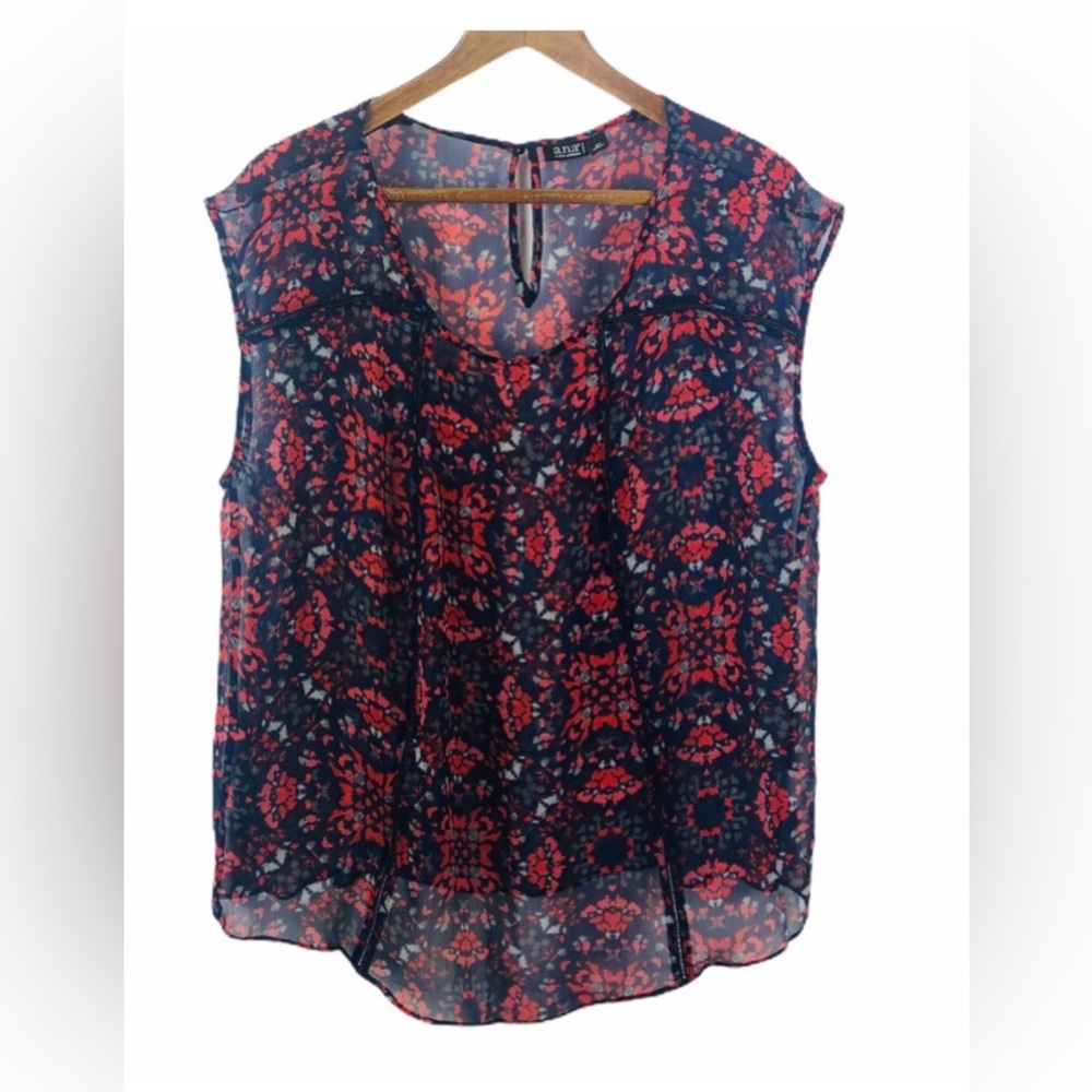 a.n.a. Navy & Orange Sleeveless Semi Sheer Top 2X
